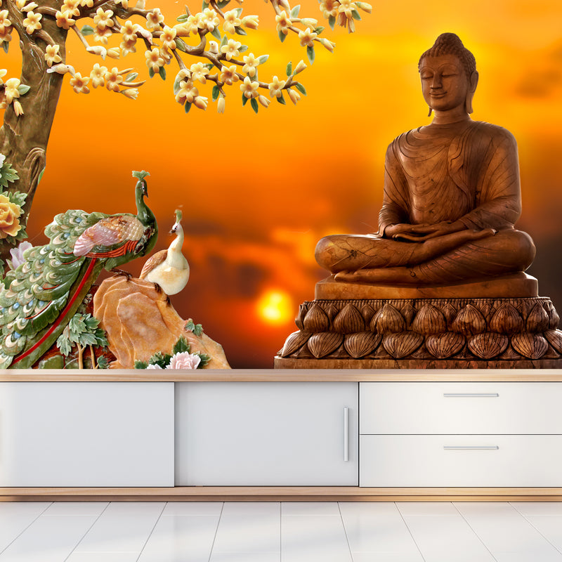 Buddha With Birds Digitally Printed Wallpaper