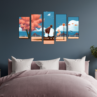 Love Couple Seating On Sea Side Illustration Canvas Wall Painting- With 5 Frames