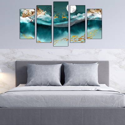 Deer And Moon Canvas Wall Painting- With 5 Frames