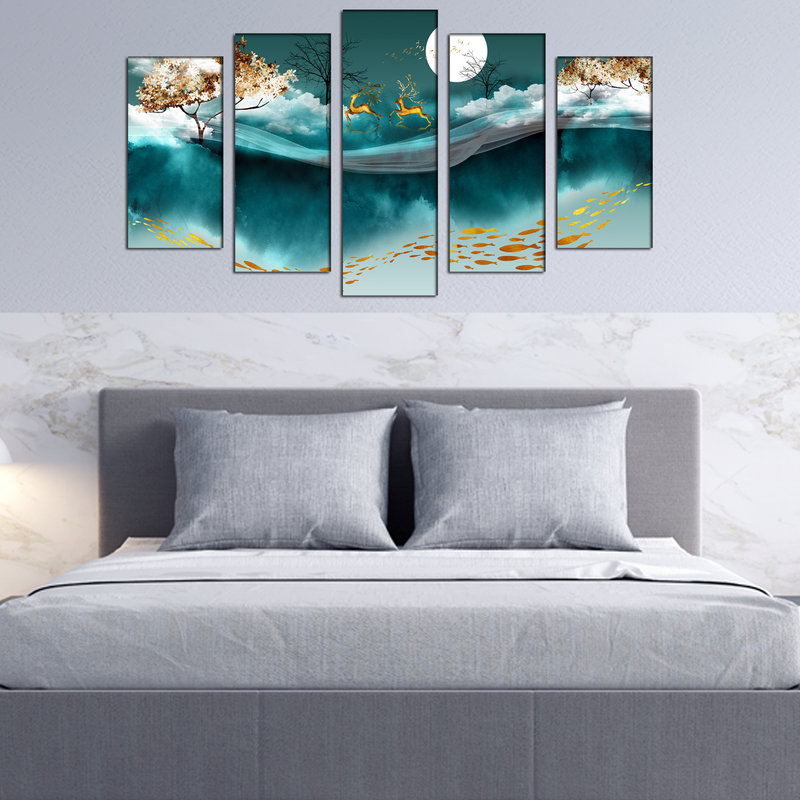 Deer And Moon Canvas Wall Painting- With 5 Frames