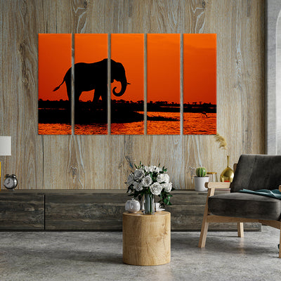 Elephant During Sunset Canvas Wall Painting - With 5 Panel