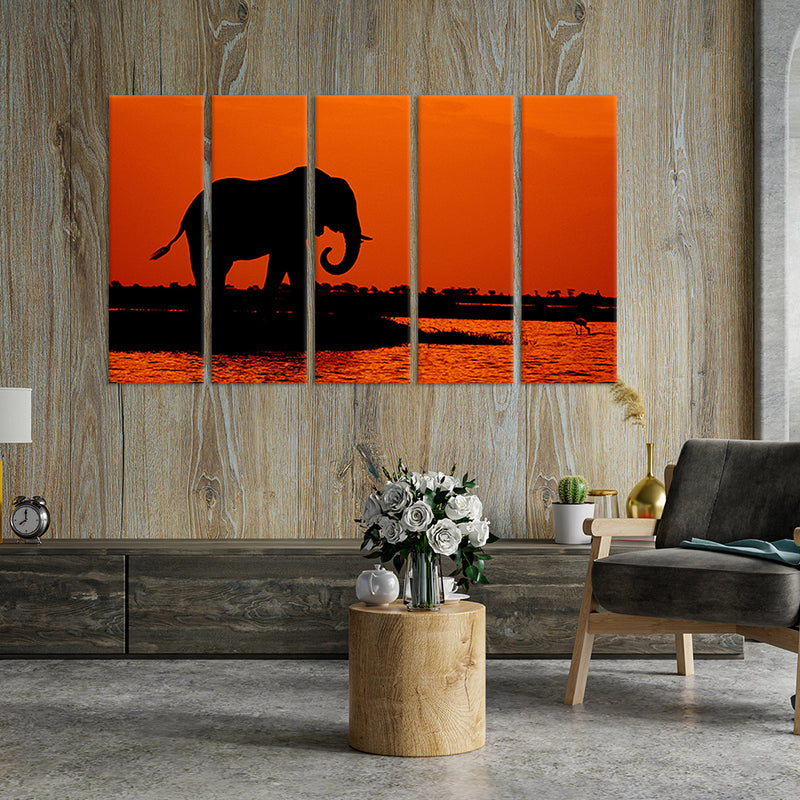 Elephant During Sunset Canvas Wall Painting - With 5 Panel