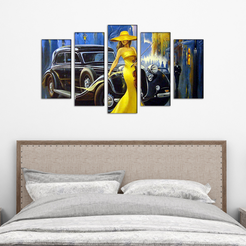 Modern Art Design Girl Wood Framed Canvas Wall Painting- With 5 Frames