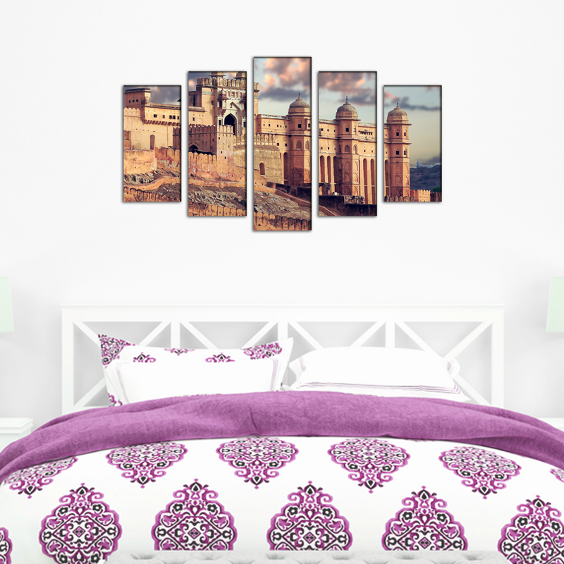 Amer fort Abstract Canvas Wall Painting- With 5 Frames