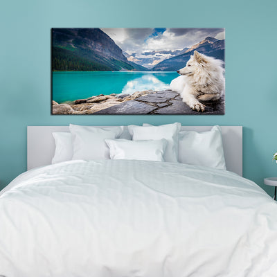 A White Dog Sitting On A Rock Canvas Wall Painting