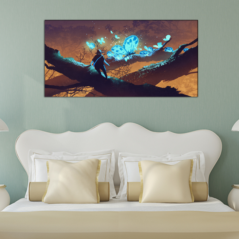 Man Looking at Blue Butterflies Canvas Wall Painting