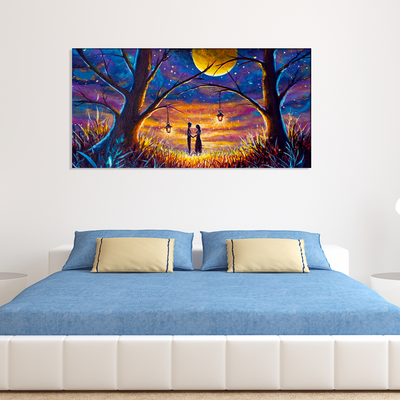 Couple In Forest At Night Under Moon Canvas Wall Painting
