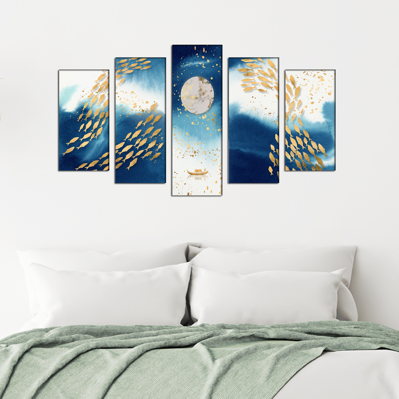 Looife Blue and Gold Fish Canvas Wall Painting- With 5 Frames