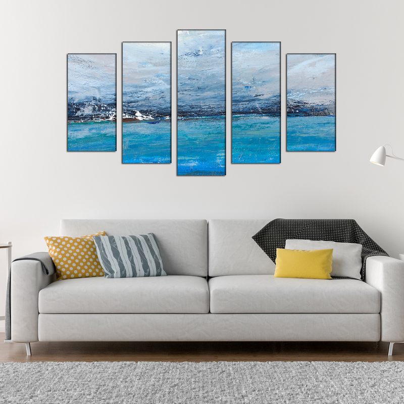 Monochromatic Blue Abstract Canvas Wall Painting - With 5 Frames