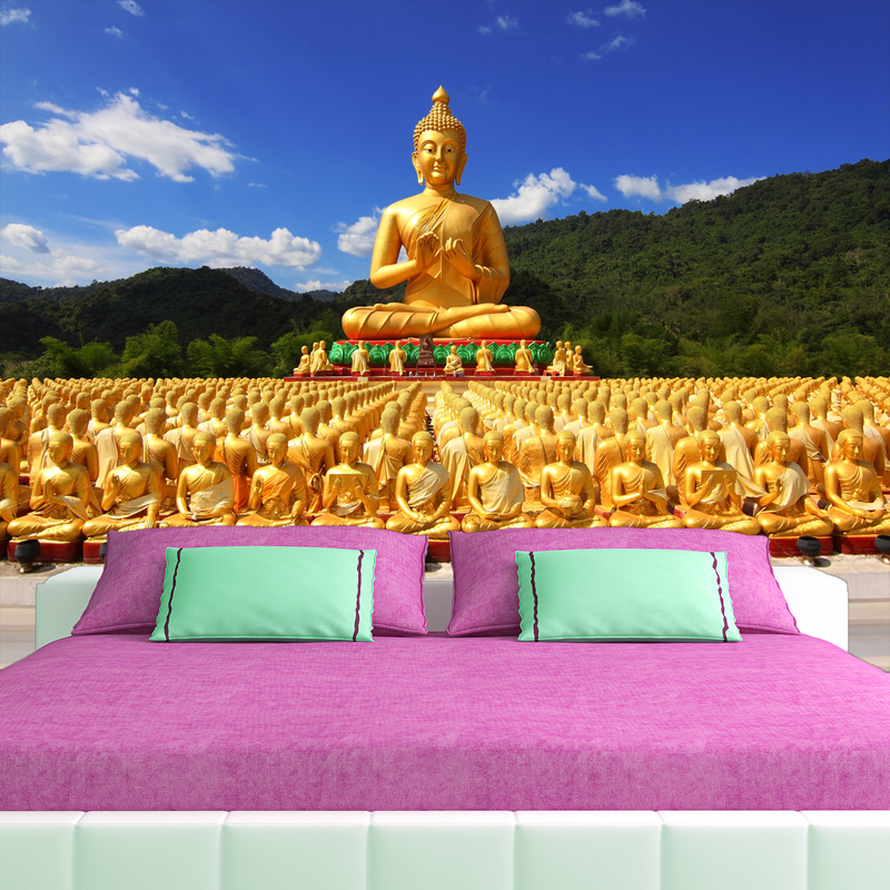Golden Buddha With Nature Digitally Printed Wallpaper