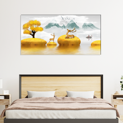 Illustration Of Golden Tree & Deer On River Canvas Wall Painting