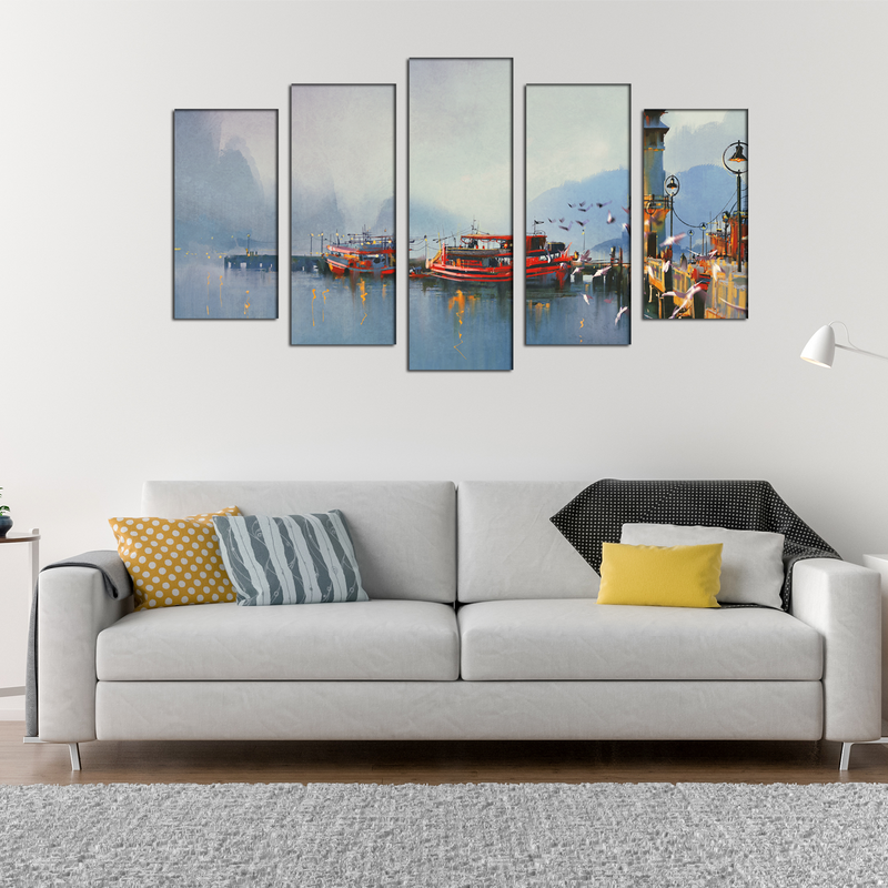Fishing Boats In Harbor Canvas Panel Wall Painting - With 5 Frames