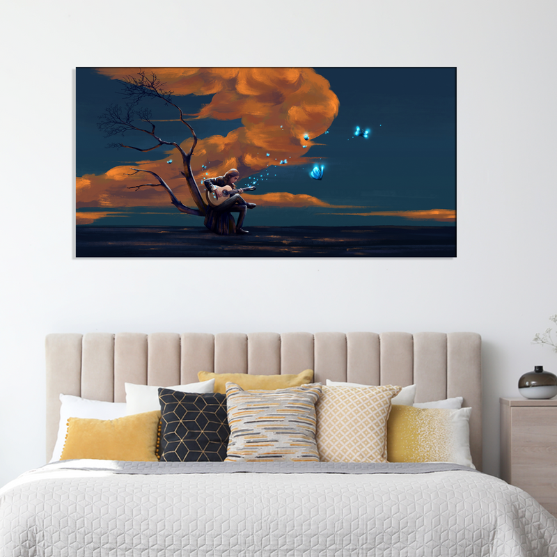 Boy Playing Guitar In Night Canvas Wall Painting