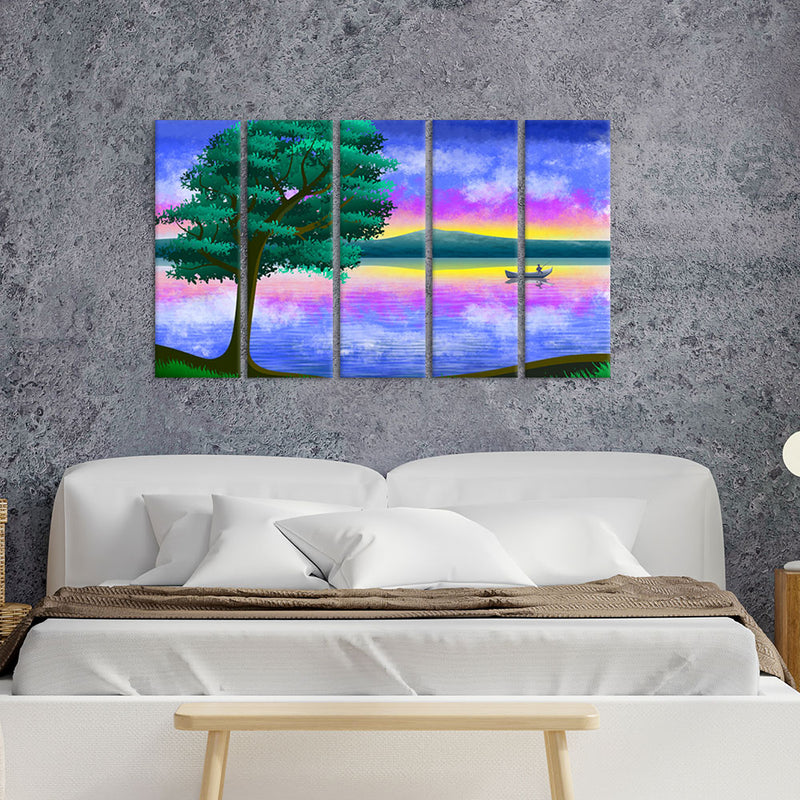 Abstract River Scenery View Canvas Wall Painting - With 5 Panel