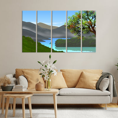 Mountain & River Scenery Canvas Wall Painting - With 5 Panel