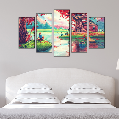 Oil Painting Village Scenery Canvas Wall Painting- With 5 Frames