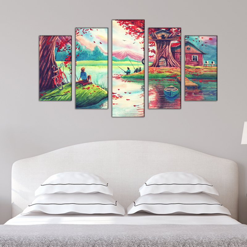 Oil Painting Village Scenery Canvas Wall Painting- With 5 Frames
