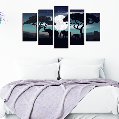 Family of Elephants In Night Canvas Wall Painting- With 5 Frames