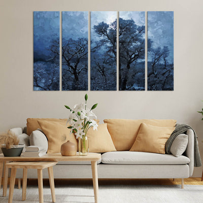 Blue Tree Canvas Wall Painting - With 5 Panel