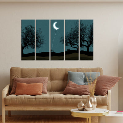 Moon Hanging With Rope Night Scenery Canvas Wall Painting - With 5 Panel