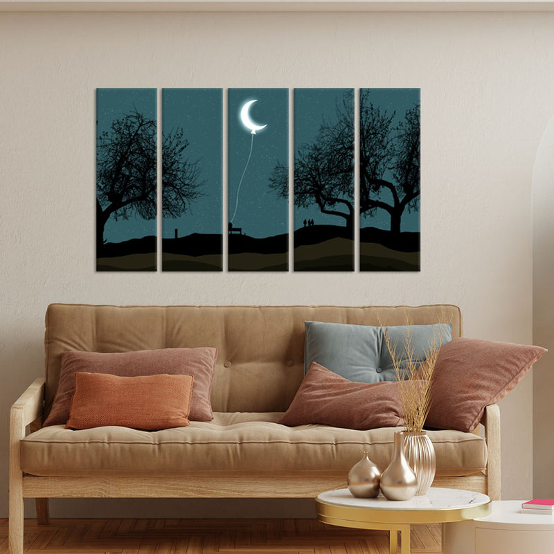 Moon Hanging With Rope Night Scenery Canvas Wall Painting - With 5 Panel
