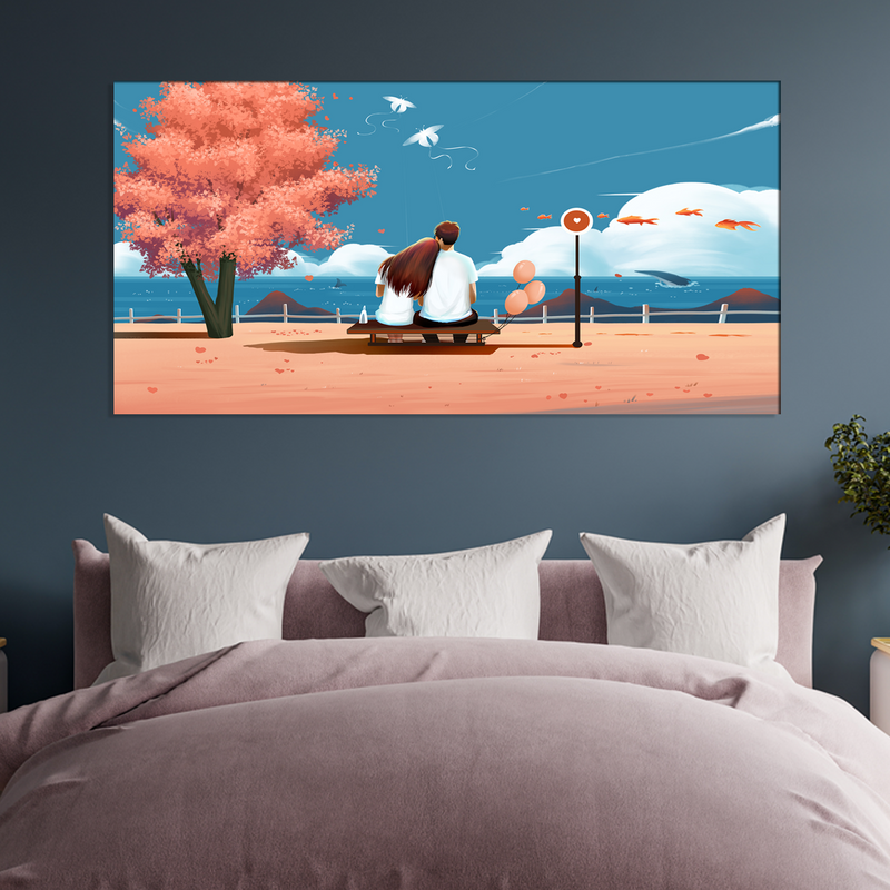 Love Couple Seating On Sea Side Illustration Canvas Wall Painting