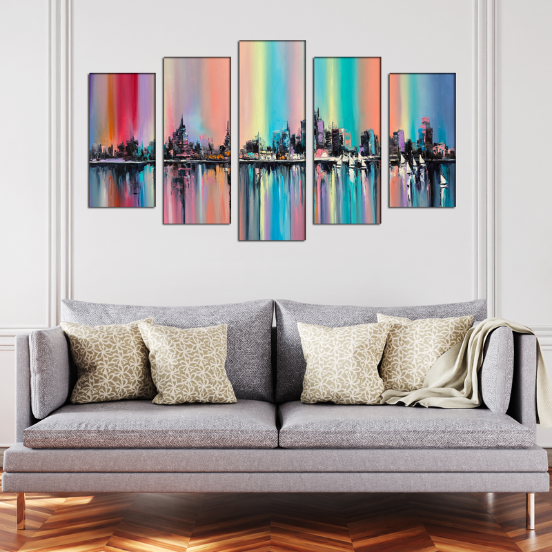 City View Abstract Canvas Wall Painting- With 5 Frames