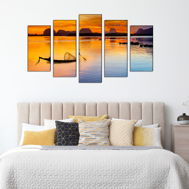 Boat Sunrise Canvas Wall Painting- With 5 Frames