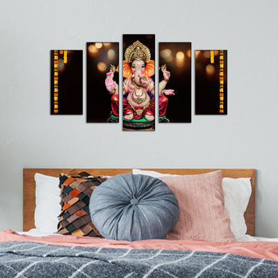 Ganpati Bappa Wood Framed Canvas Wall Painting- With 5 Frames