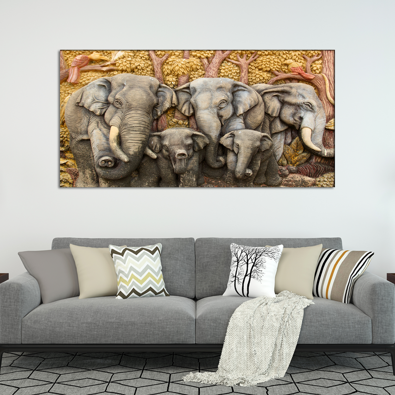 Elephant With Family Print On Canvas Wall Painting