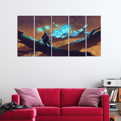Man looking At Blue Butterflies Canvas Wall Painting -With 5 Panel