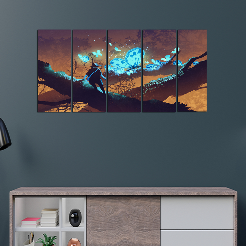Man looking At Blue Butterflies Canvas Wall Painting -With 5 Panel