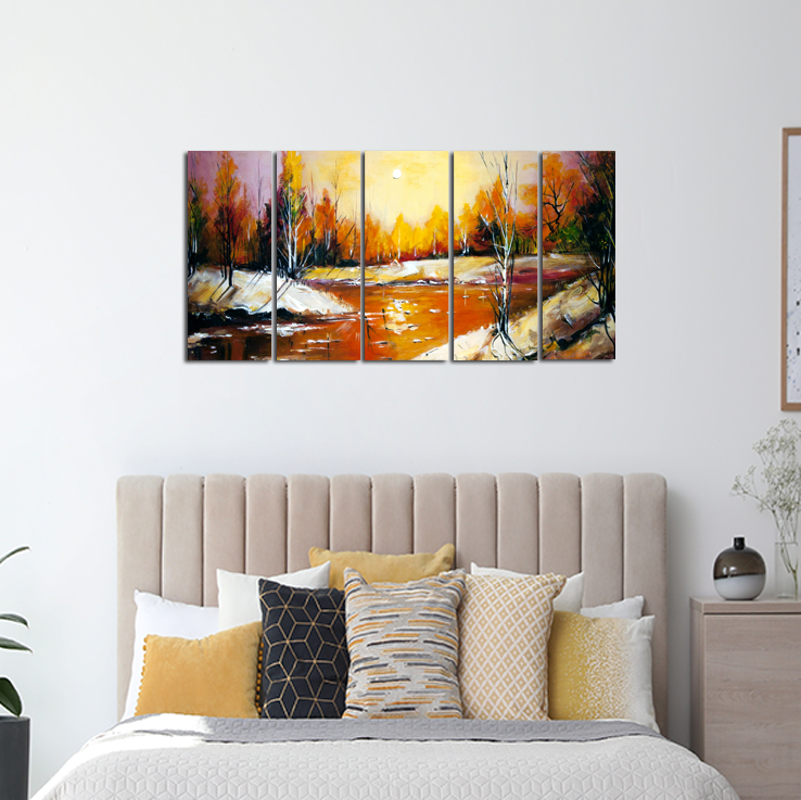 Abstract River View Canvas Wall Painting - With 5 Panel