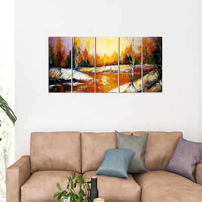 Abstract River View Canvas Wall Painting - With 5 Panel