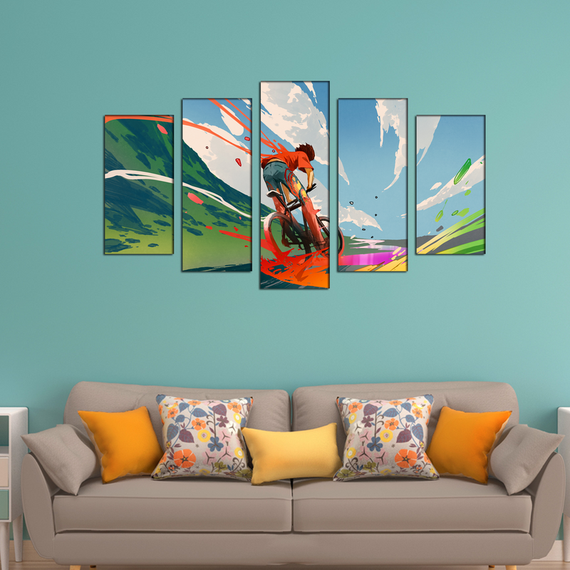 Boy Riding A Bicycle With Energy Canvas Wall Painting- With 5 Frames