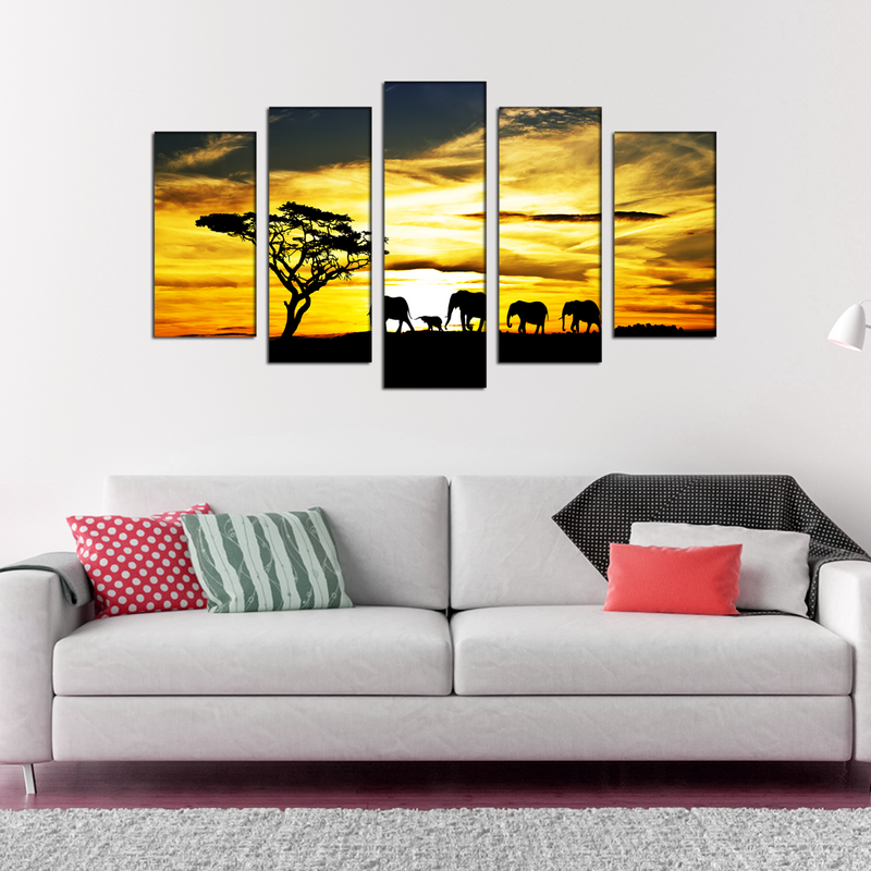Beautiful View of Elephant Family Canvas Wall Painting- With 5 Frames