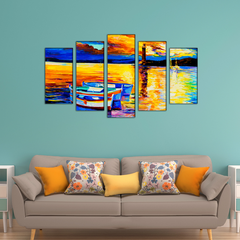 Beautiful Sunset View Canvas Wall Painting- With 5 Frames