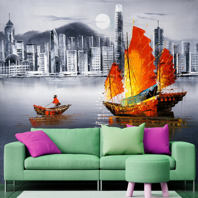 Colorful Boat In Grey Background Digitally Printed Wallpaper