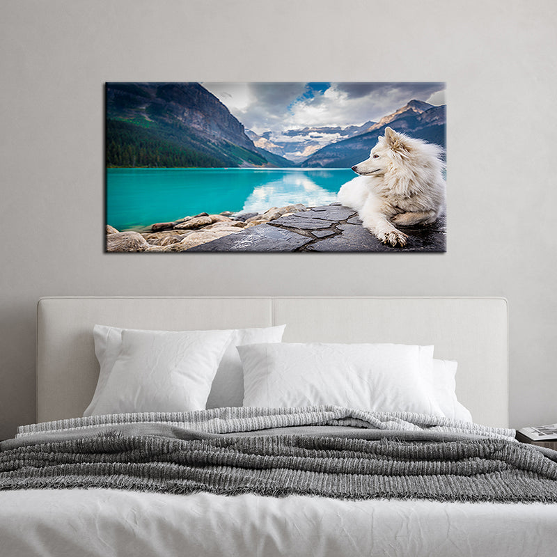 A White Dog Sitting On A Rock Canvas Wall Painting