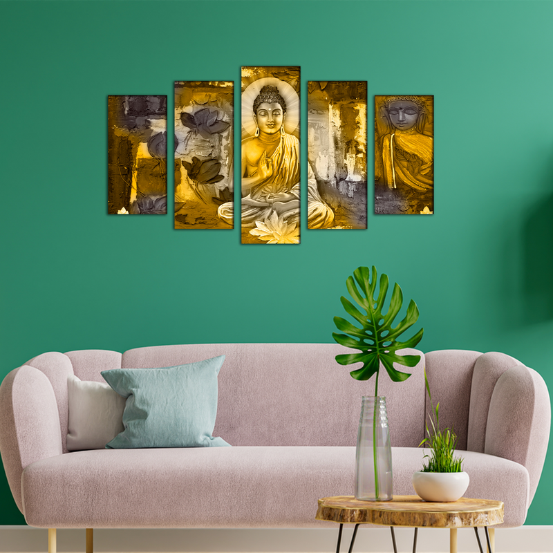 Golden Buddha Abstract Canvas Wall Painting- With 5 Frames