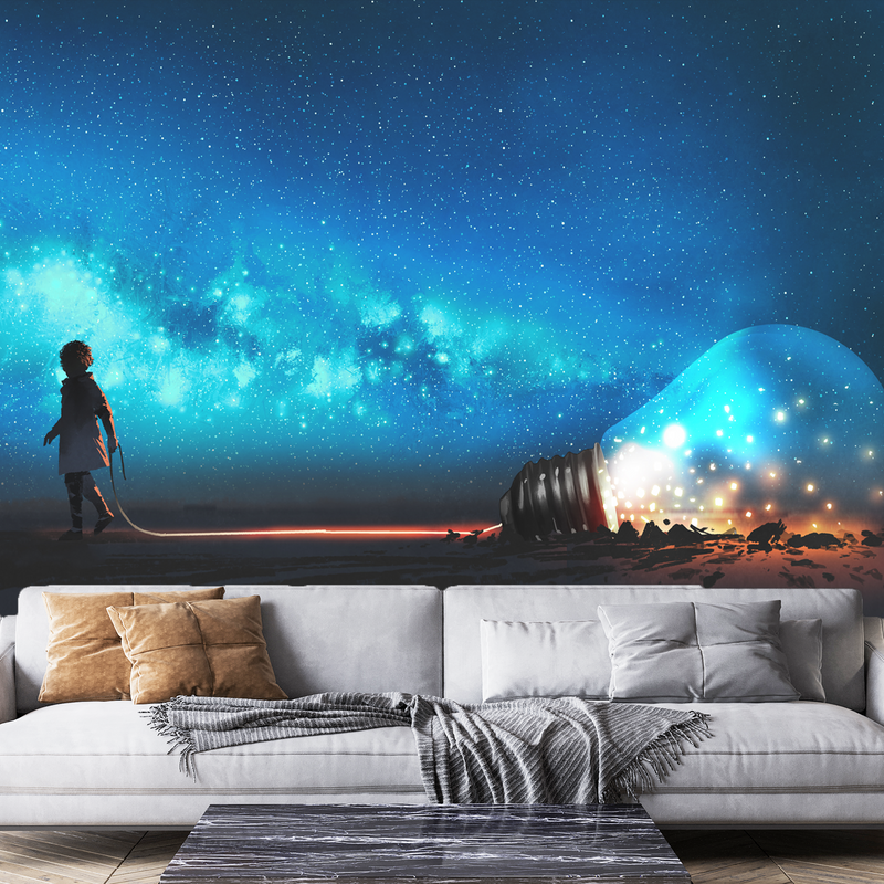 Boy Pulled The Big Bulb Digitally Printed Wallpaper