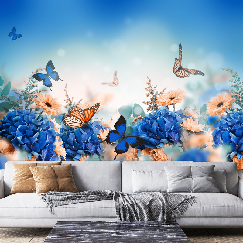 Blue Butterfly With Flower Digitally Printed Wallpaper