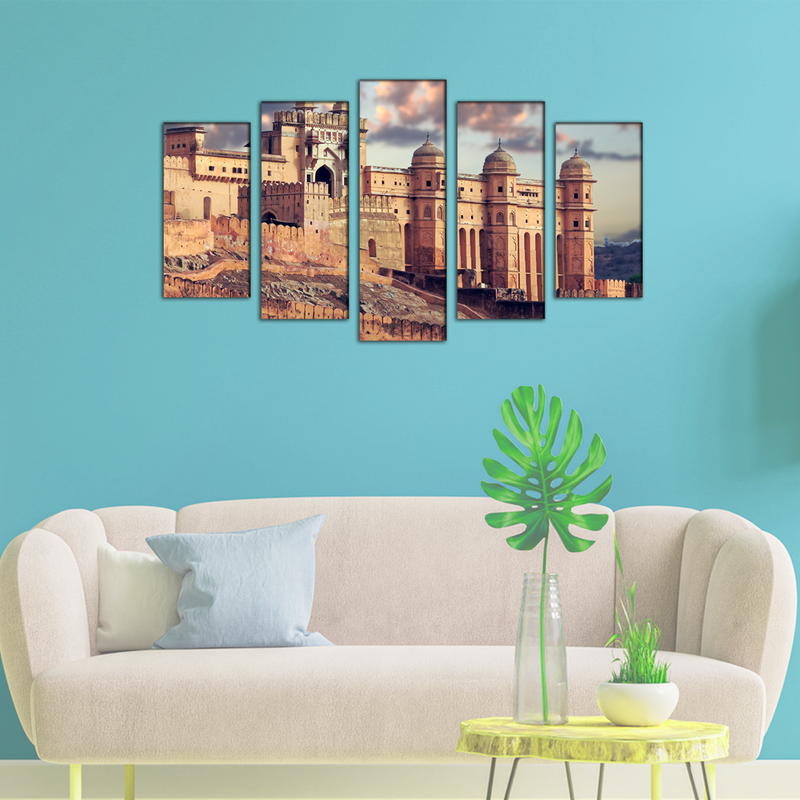 Amer fort Abstract Canvas Wall Painting- With 5 Frames