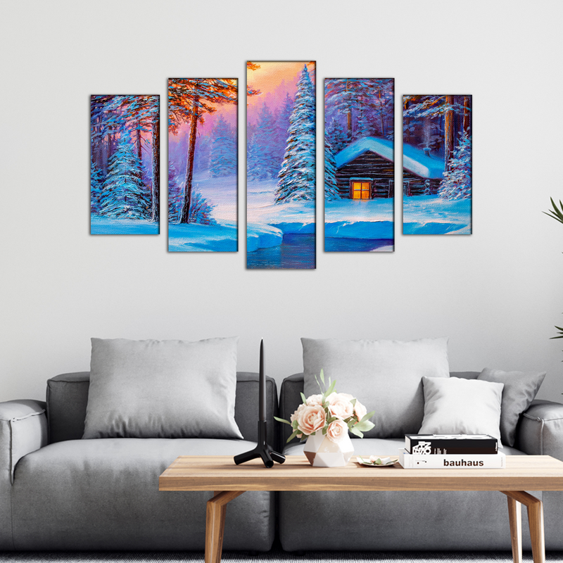 Cold Winter Sunrise Scenery Canvas Wall Painting- With 5 Frames