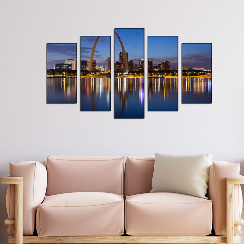 City Lake View Canvas Wall Painting- With 5 Frames