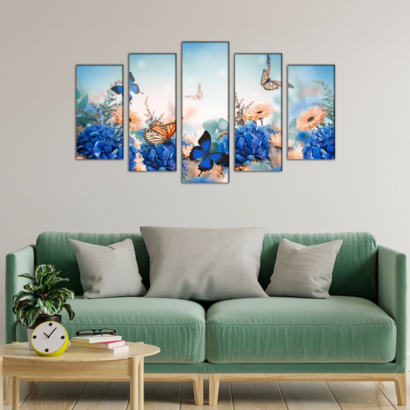 Blue Butterfly With Flower Wood Framed Canvas Wall Painting- With 5 Frames