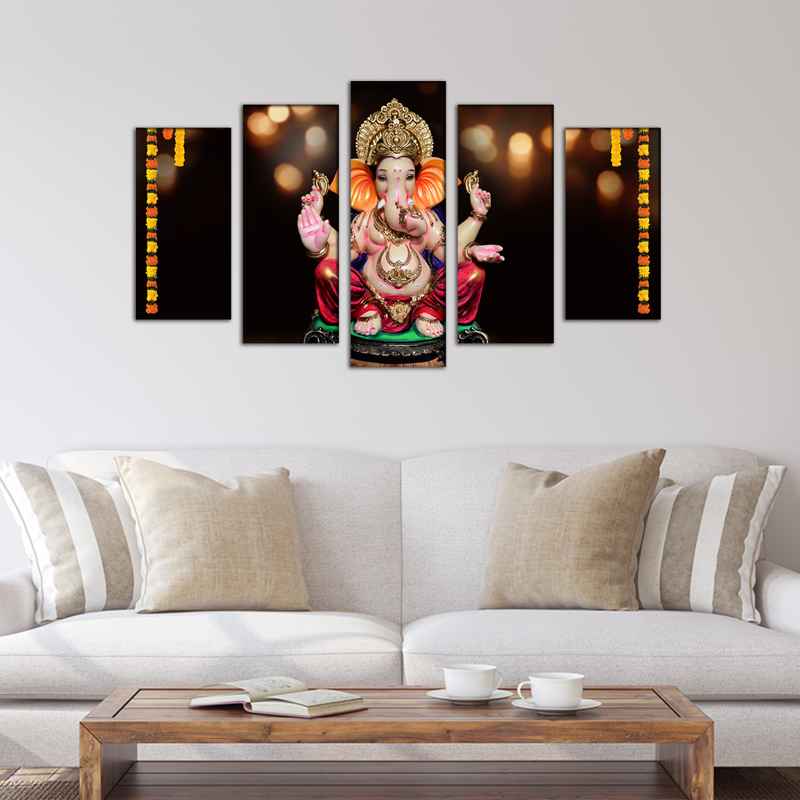 Ganpati Bappa Wood Framed Canvas Wall Painting- With 5 Frames