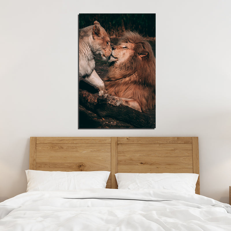 Lion Couple Kissing scene in forest On Canvas Wall Painting