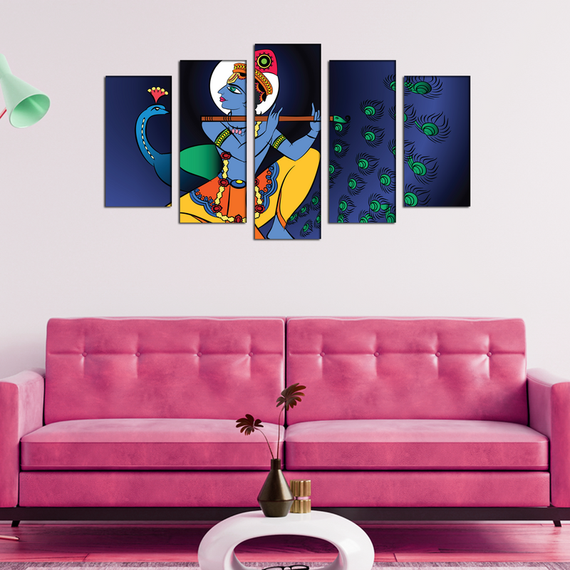 Lord Krishna Modern Art Canvas Wall Painting- With 5 Frames