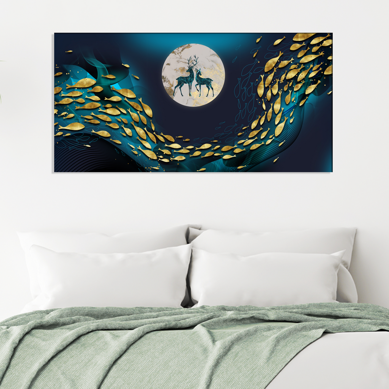Beautiful Fish, Deer, Moon Canvas Print Wall Painting